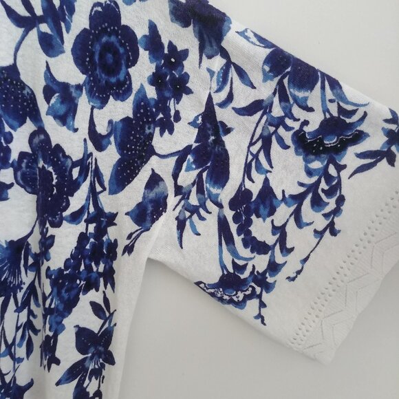 Knitted & Knotted linen cotton knit open front long cardigan white blue Medium - Picture 6 of 12